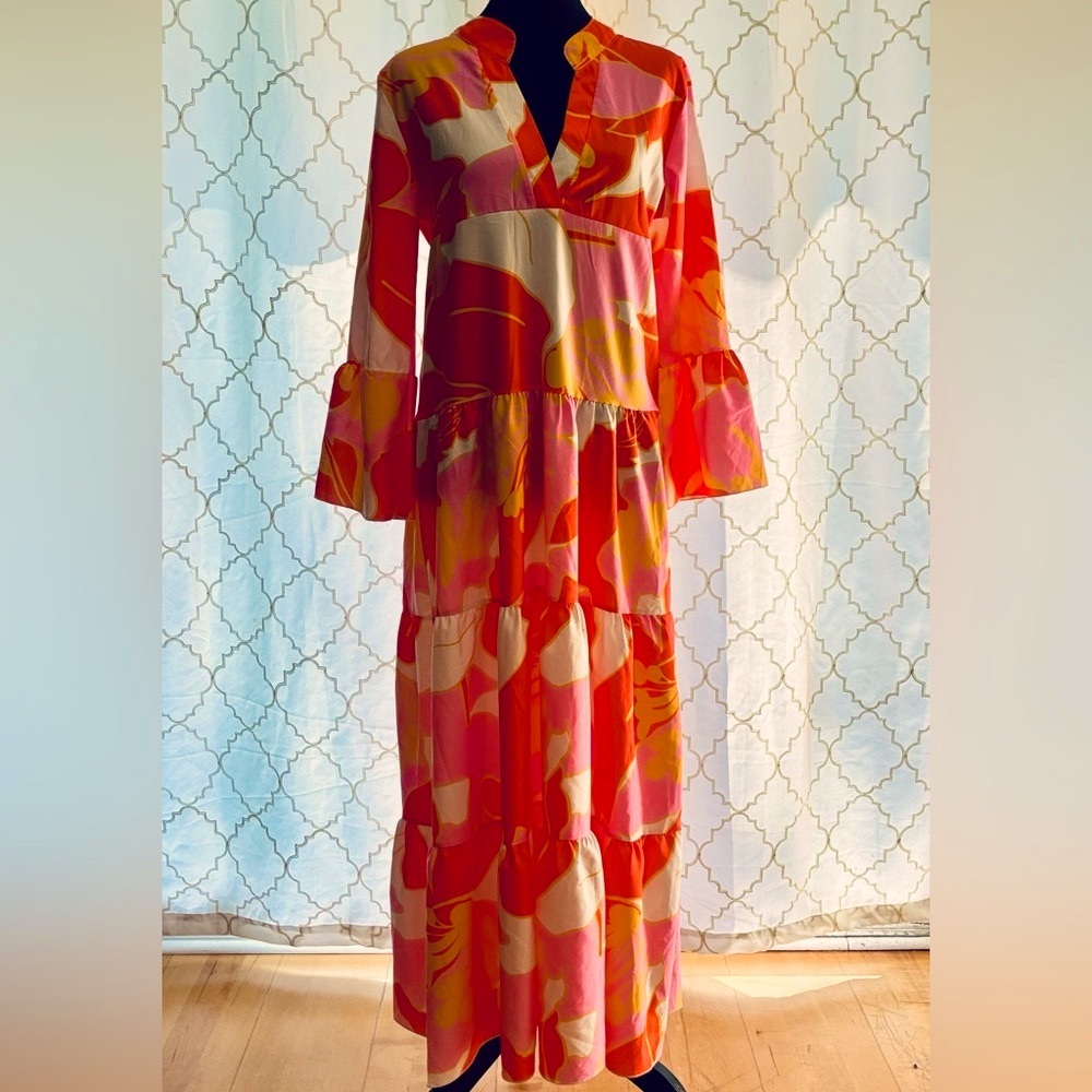 Orange and Red Long Sleeve V-Neck Sundress